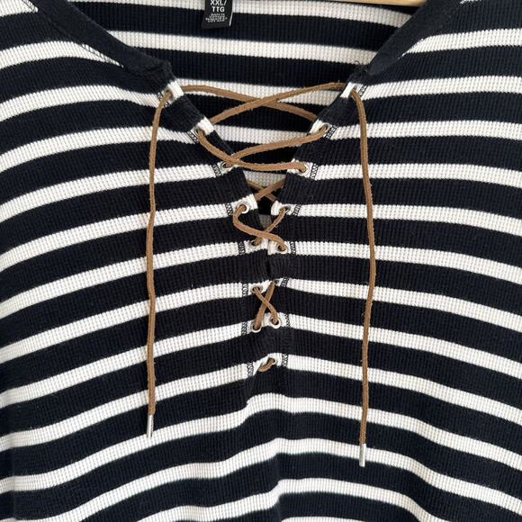Lauren Ralph Lauren Striped Lace-Up Waffle-Knit Top Leather Drawcord Size XXL - Picture 4 of 12